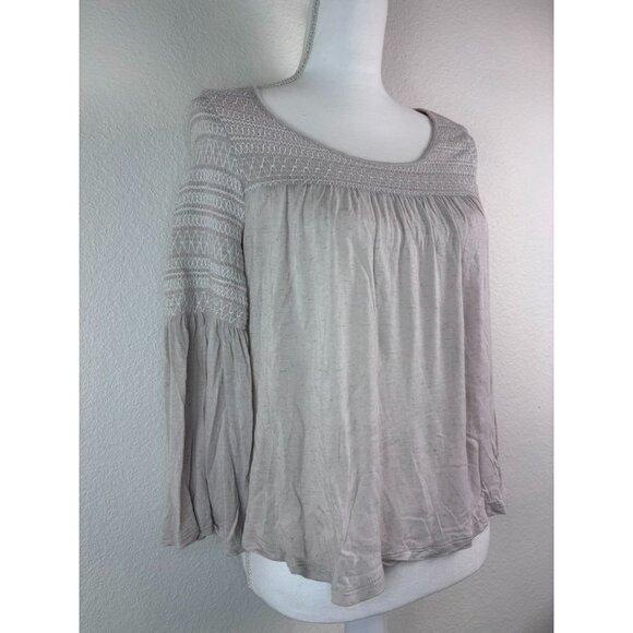 Free People Beach women's XS oatmeal‎ 3/4 bell sleeve smocked flowy crop top - Picture 2 of 6